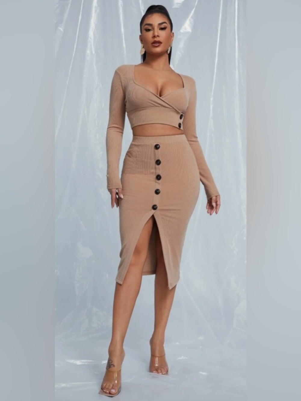 Beige Ribbed Button-Front Midi Skirt with Center Slit